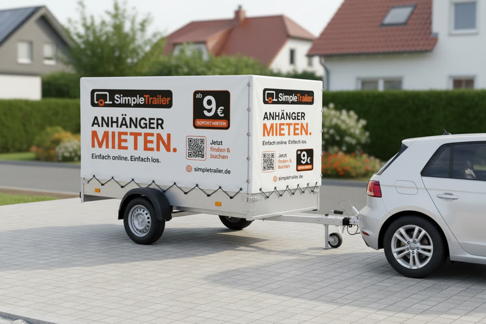 SimpleTrailer-Anhänger an einen PKW angekuppelt – Kupplung, Deichsel und Stützrad