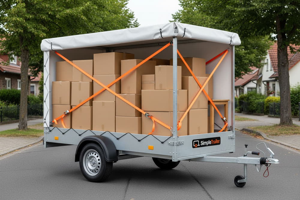 Beladener SimpleTrailer-Anhänger mit Kartons, über Kreuz mit Spanngurten gesichert